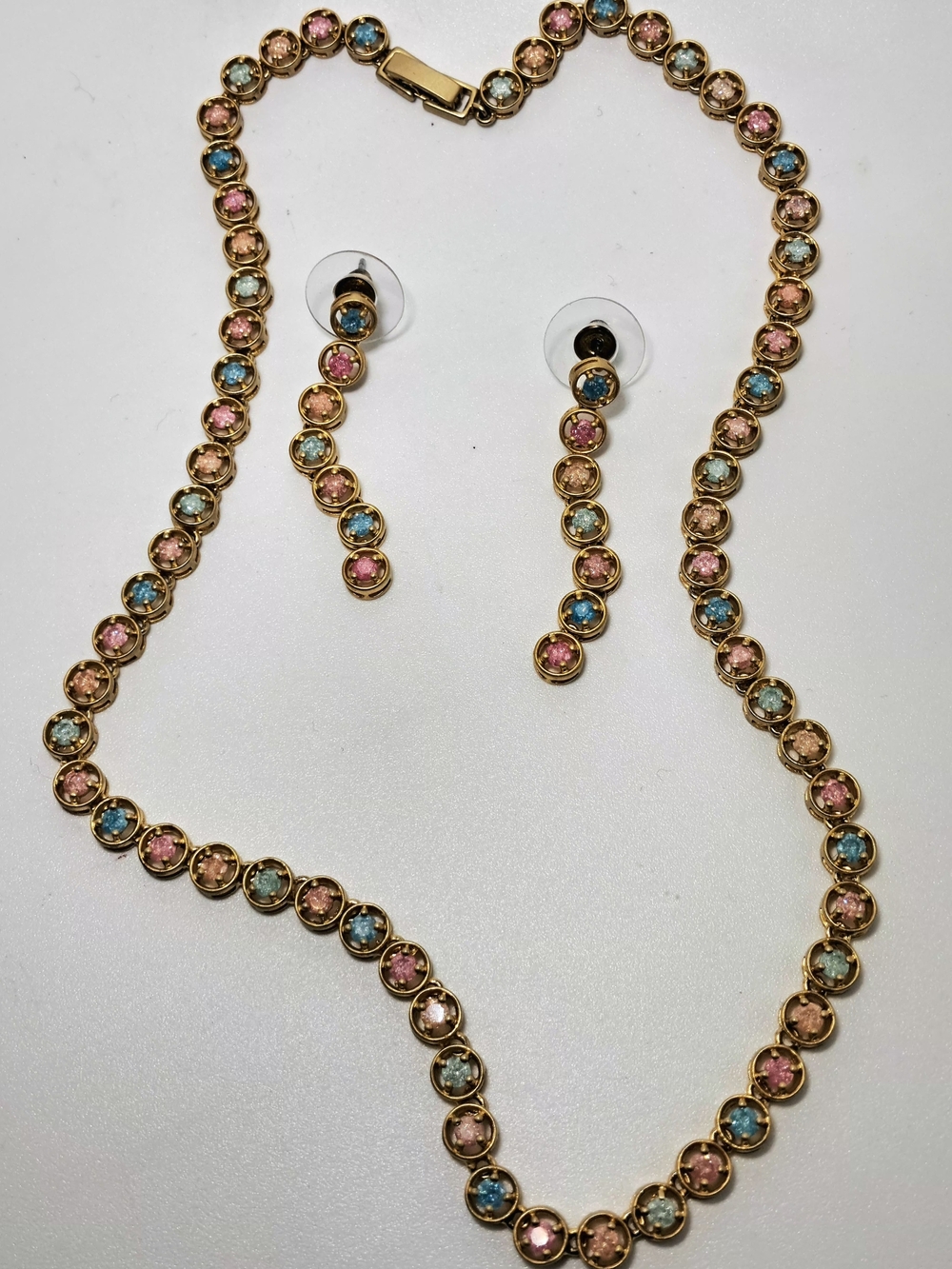 Gold-Tone Rainbow Crystal Tennis Necklace & Drop Earrings Set
